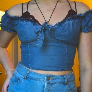 jean blue tie crop top side zip up